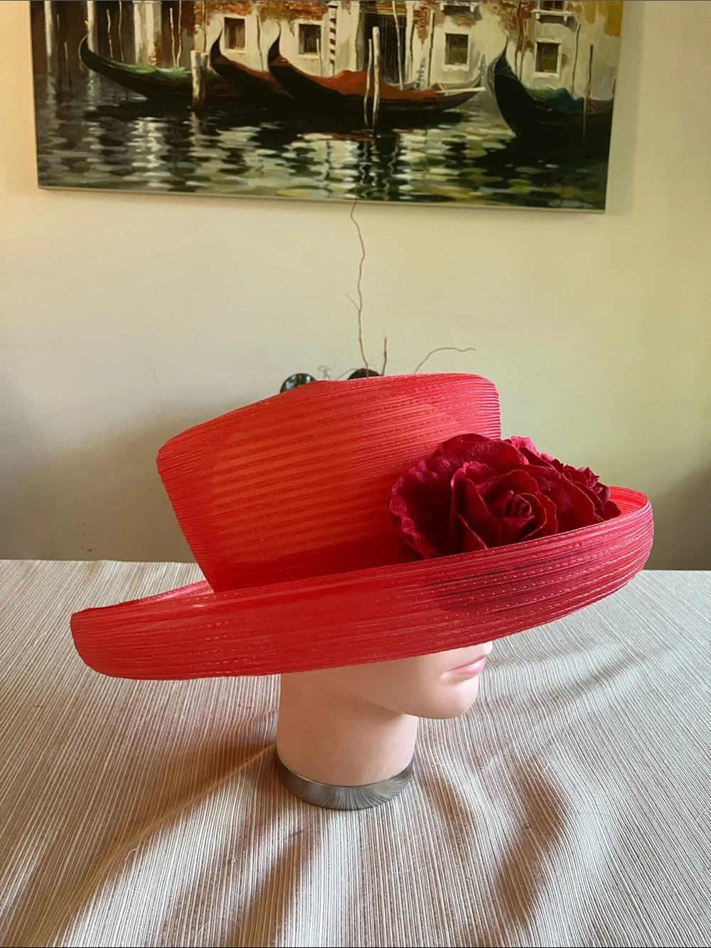Elegant Red Wide-Brim Floral Hat
